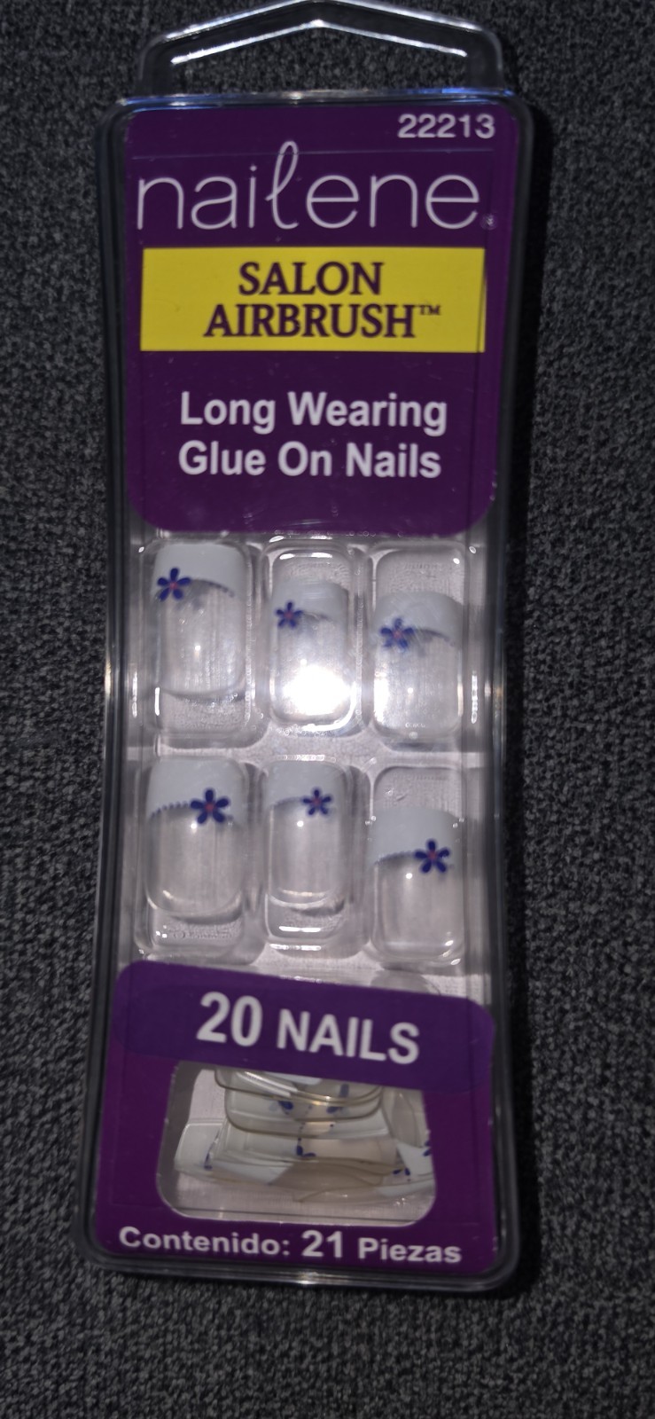 Nailene Salon Airbrush Press-On Nails White/Blue Flowers Pre-Designed 20ct 22213