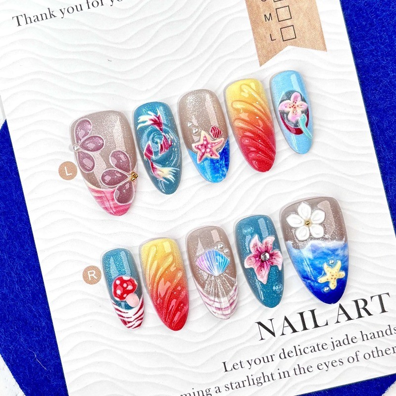 30Pcs-Colorful Fake Nails Medium Almond Ocean Goldfish Mushroom Tropical Nails