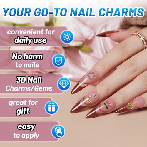pcs Gold Nail Charms Set with Rose, Cherry, Bow, Hearts, Star, Flowers, 80