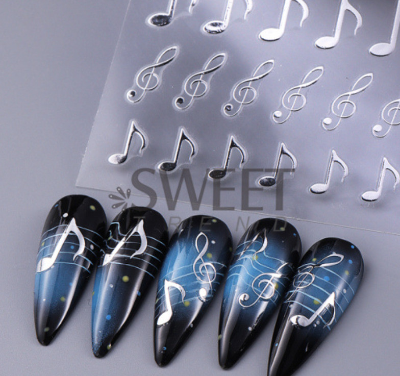 3 Sheets Musical Note Nail Art Stickers Gold Silver Black Piano Notes SWA97 NH28