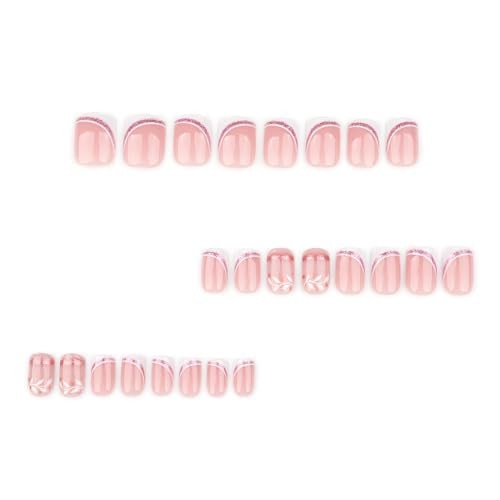 French Press On Nails Short Square, Nude Fake Nails with White 27-Gilded Wave