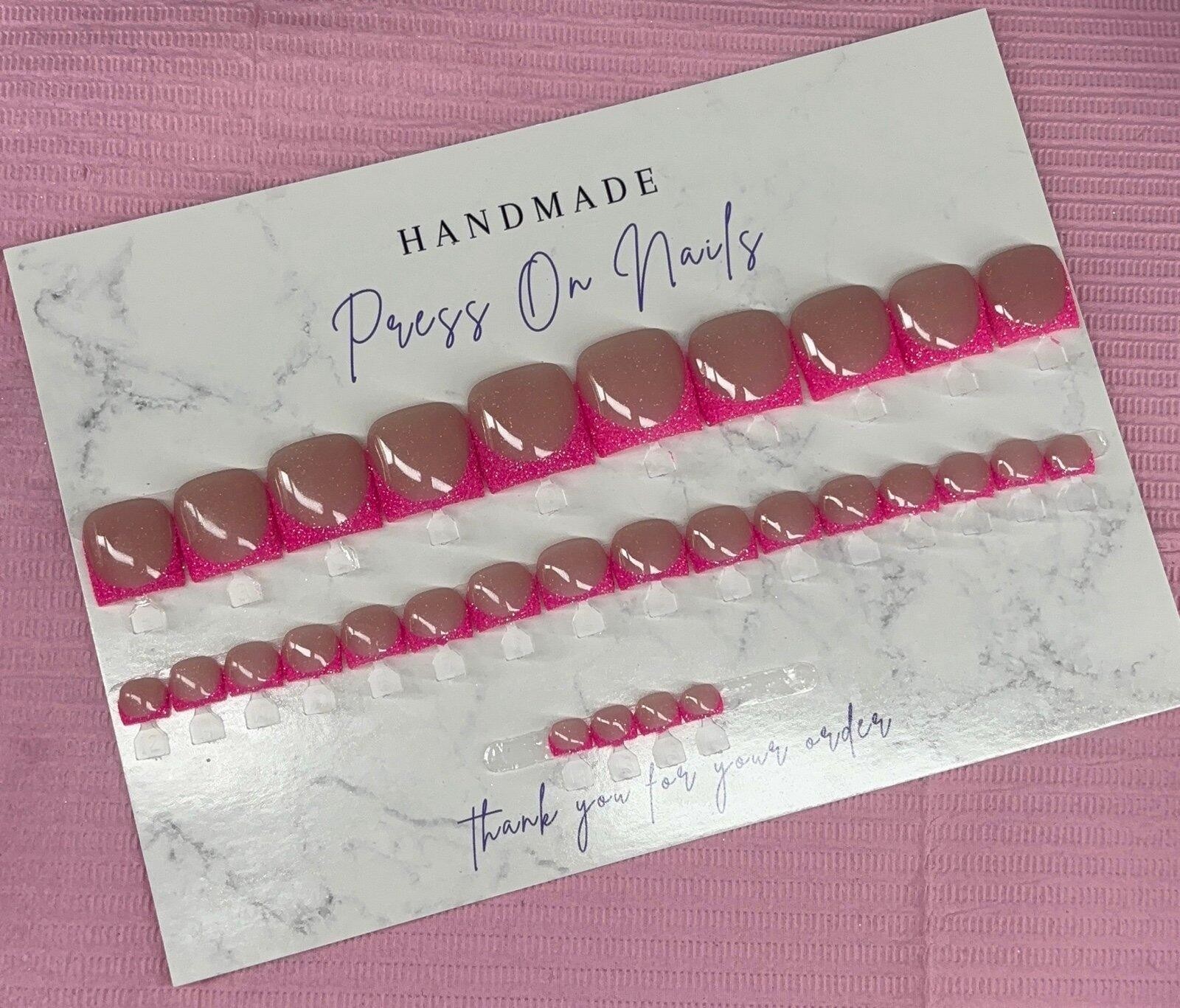 Press on toenails pink glitter French tips handmade custom builder gel nude