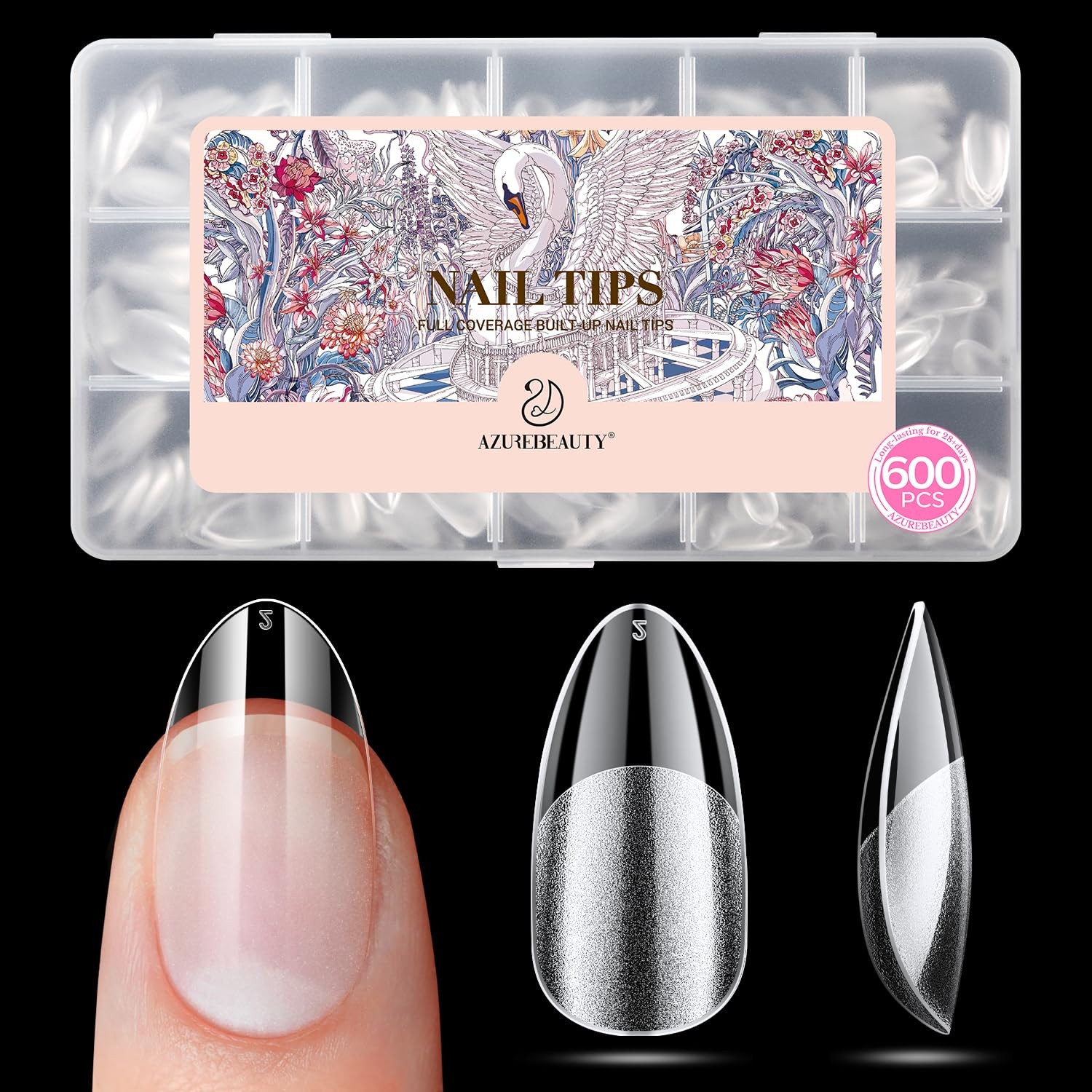 AZUREBEAUTY Almond Nail Tips, 600pcs Pre-Etched Soft Gel Nail Extensions for