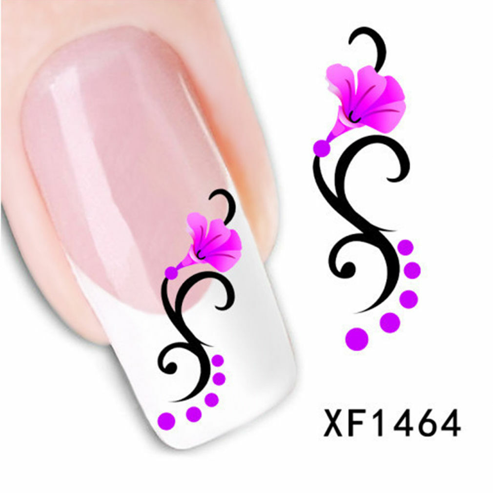 Nail Art Water Transfer Sticker Decal Stickers Pretty Flowers Pink Black XF1464