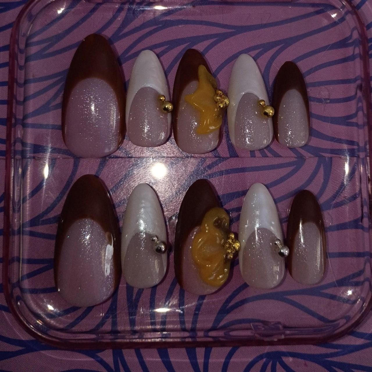 Presson Acrylic Nails With Frenchtips, 3D flowers, and gold/silver accents