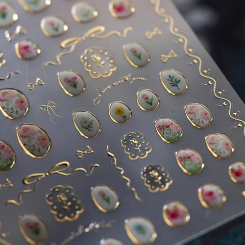 Flower Nail Art Stickers Decals 5D Embossed Jelly tulip rose gold circle