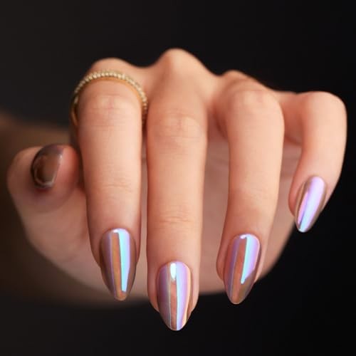 Colorful Short Almond Press on Nails – Glossy Chrome – Glossy Nails