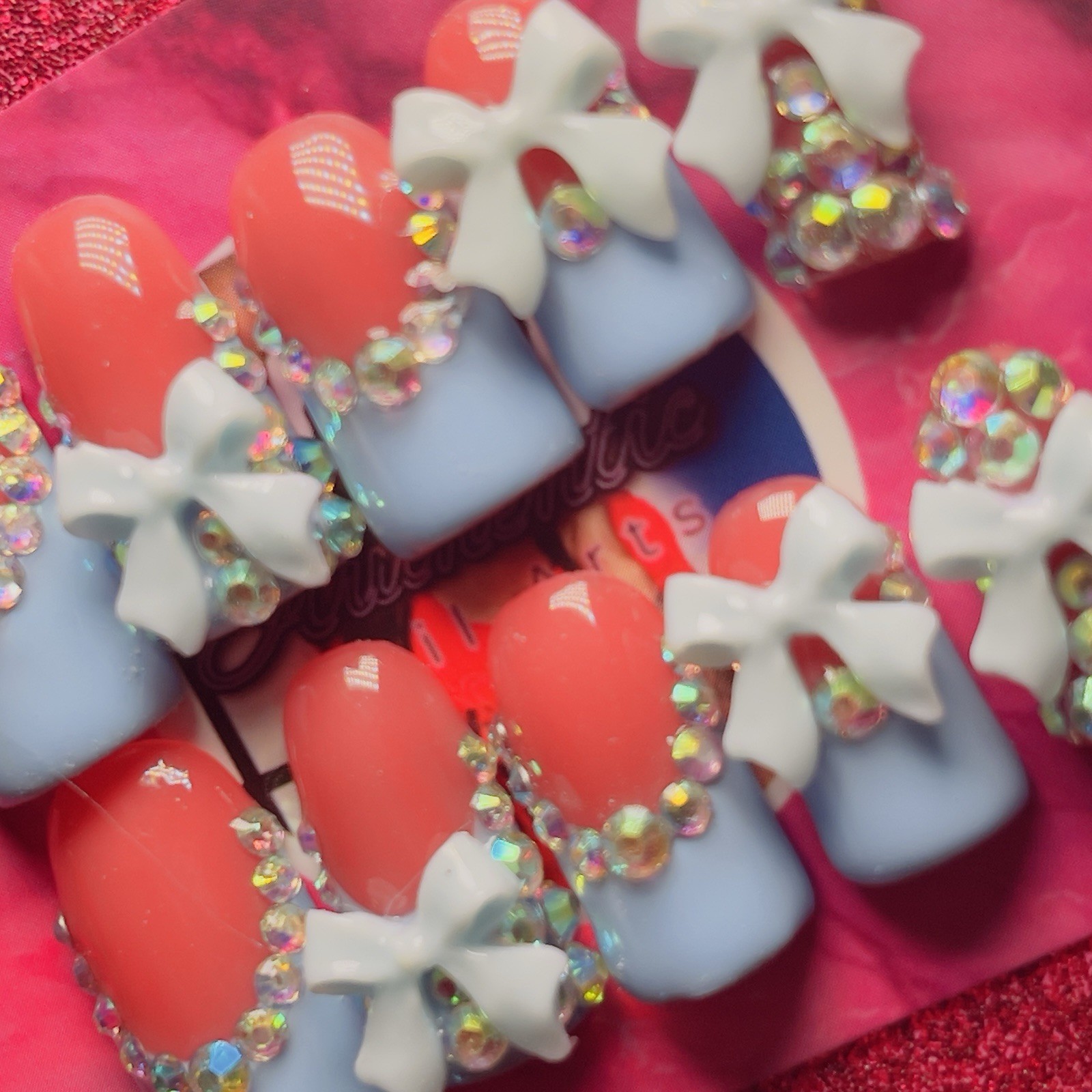Baby Blue 3D Bow Crystal Press-On Nails Short Square 10pcs