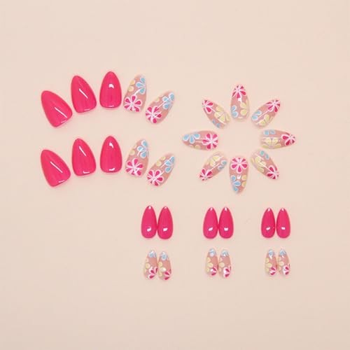 Flower Press on Nails Short Almond Fake Nails Rose Red False Flower Pink-10