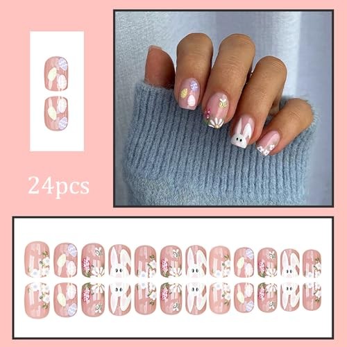 24Pcs Easter Press on Nails Short Square Fake Nails Spring Flower Bee Glue on
