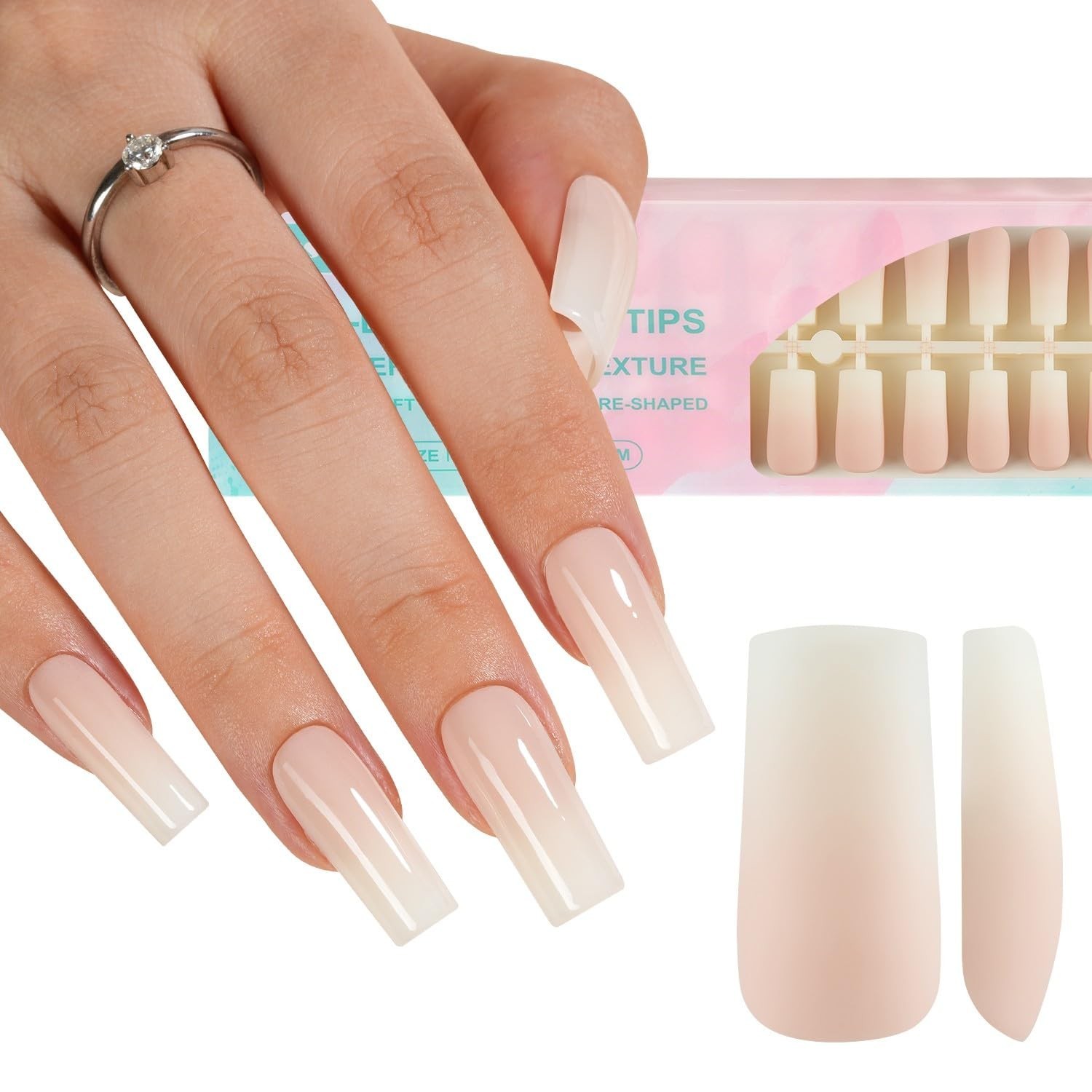 White Ombre Press on Nails, 150Pcs Long Square Gel Fake Nails | Gradient No N…