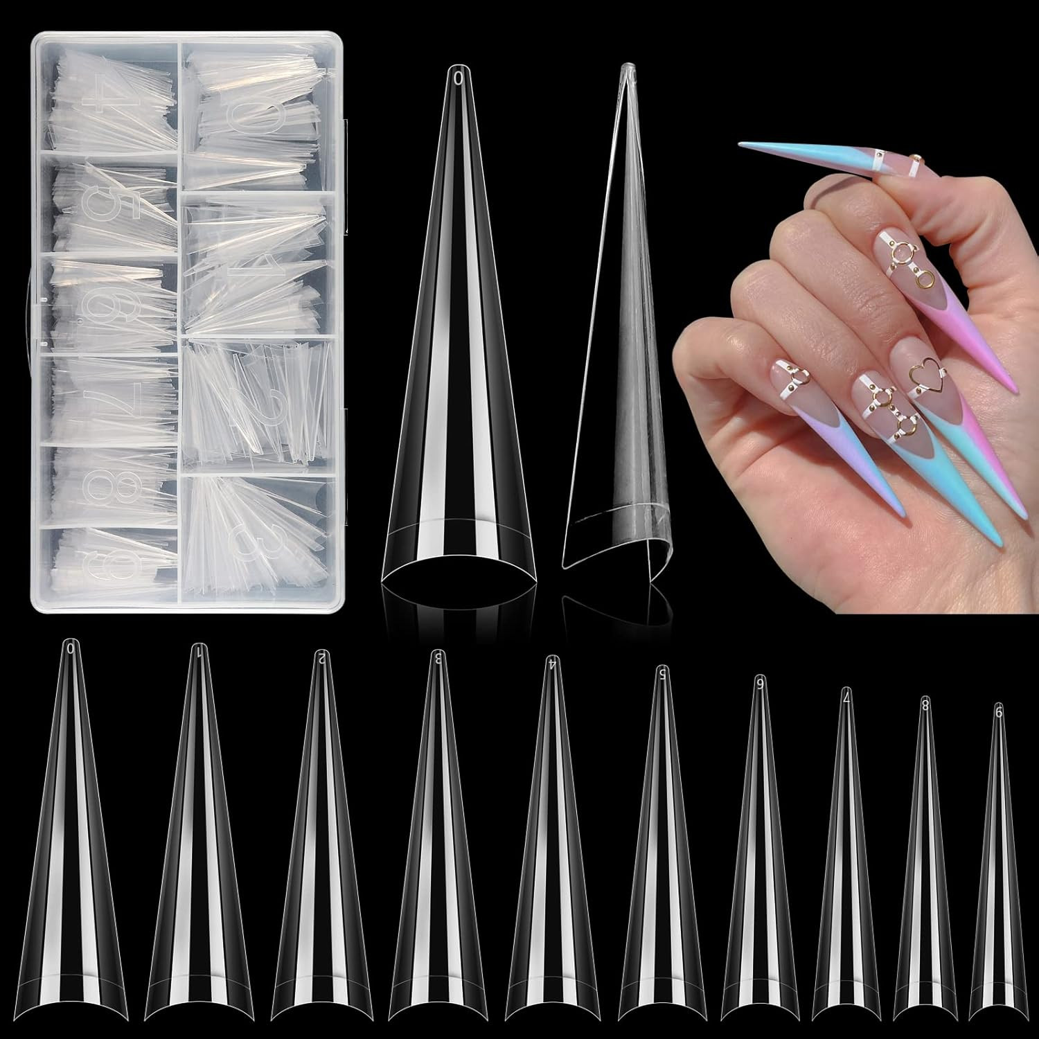 500Pcs Stiletto Nail Tips for Acrylic Nails, XL Long Clear False Nails Tips Soft