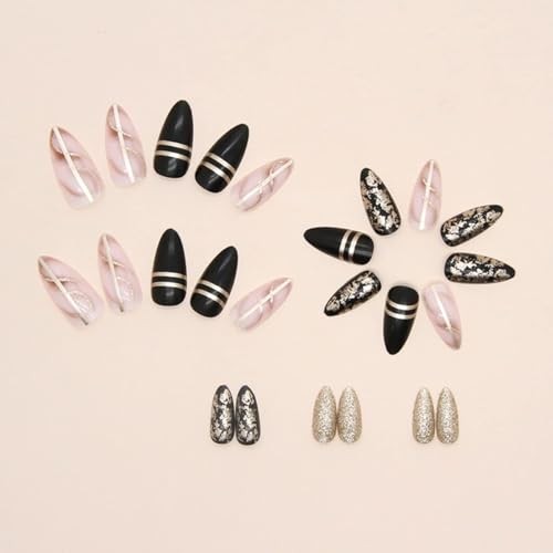 Black Press on Nails Medium Almond Fake Nails with Gold Foil Design style16