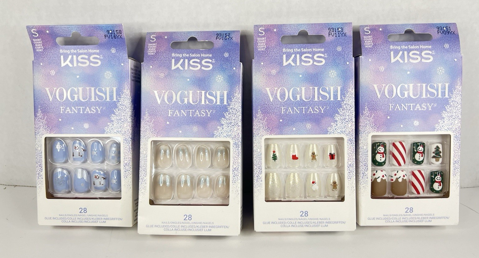 Kiss Voguish 28 Fantasy Gel Nails w/Glue Holiday Christmas 4 Packs Short Length