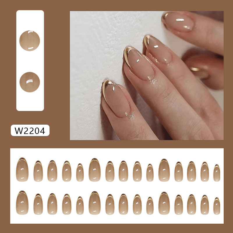 48Pcs Medium Almond Nails, Gold French Edge, Glitter, Luxury Daily Nails