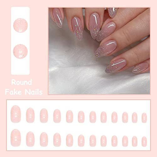 Short Round Press on Nails Oval Fake Nails Glossy Glue on Nails Pink O02Pink