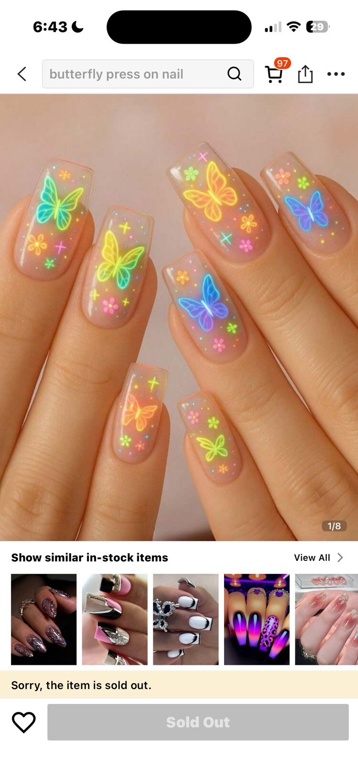 43 boxes Pre-Designed Multicolor Glitter Press-On Nails Lot, Butterflies
