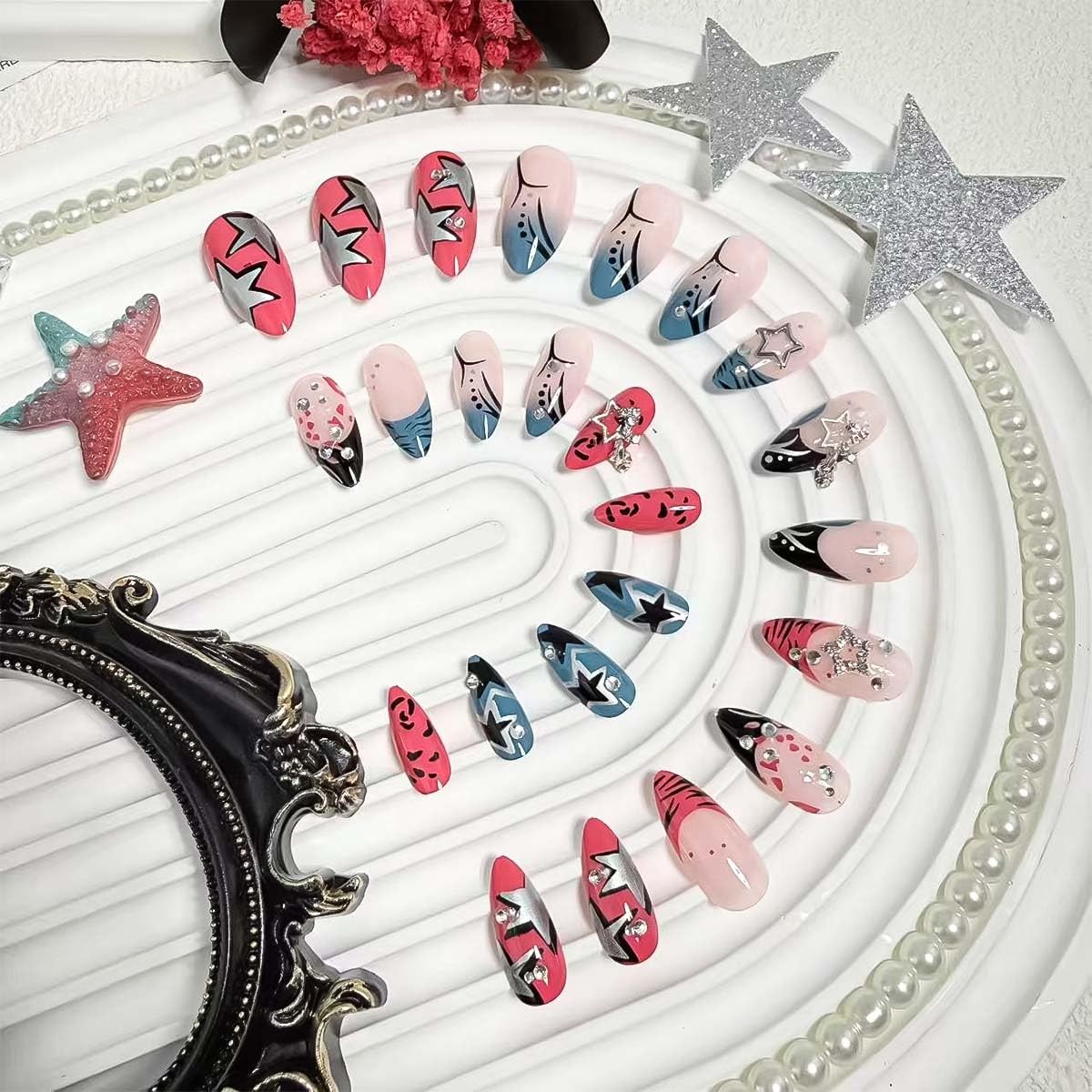 French Tip Press On Nails – Y2K Star Medium Almond Fake Nails with Silver Rhi…