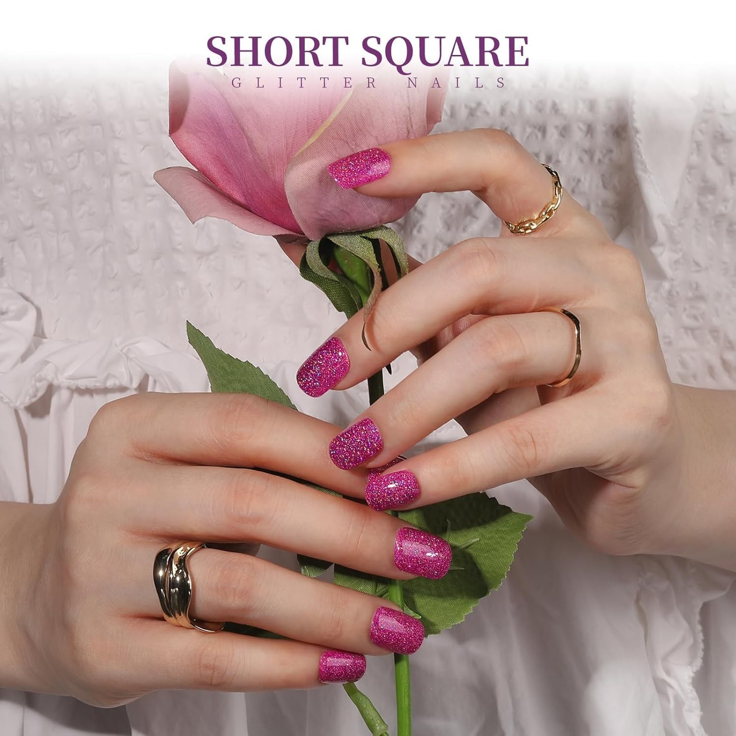 Glitter Short Square False Nails 288 Pieces with Nail Glue and File for Styling