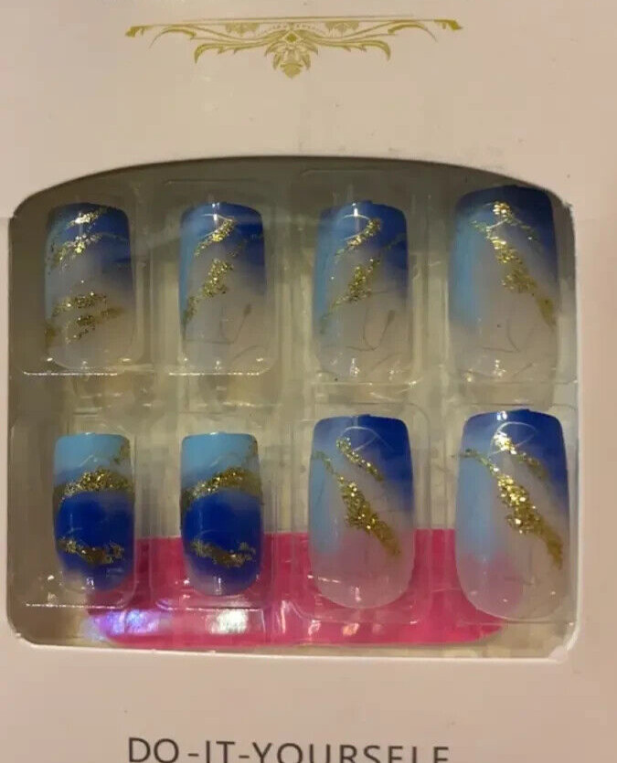 48 Pcs 2 Boxes Short Blue Gradient Press-On Nails Gold Metallic Marble Waves NIB