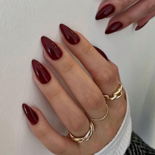 Burgundy Red Press on Nails Almond Shaped 48Pcs Neutral almond burgundy red