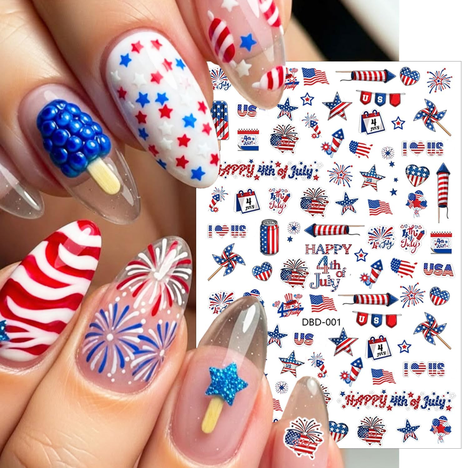 6 Sheets Happy 4Th of July Nail Stickers Independence Day Heart Cake Star Nail