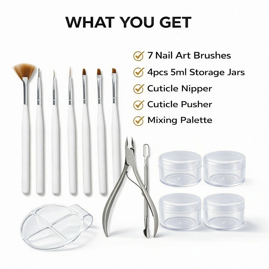 Nail Art Tool Set 7 Brushes Nipper Pusher Palette 4 Jars Manicure Kit