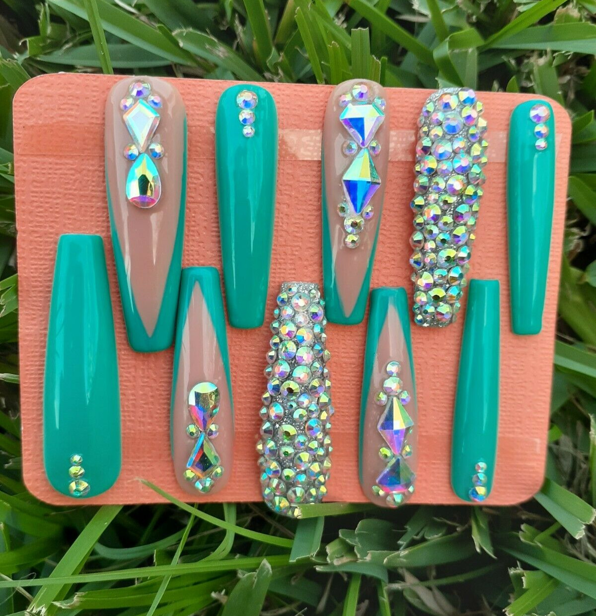 XXL Teal Turquoise Green Rhinestones Beach Destination Wedding Ocean Nails