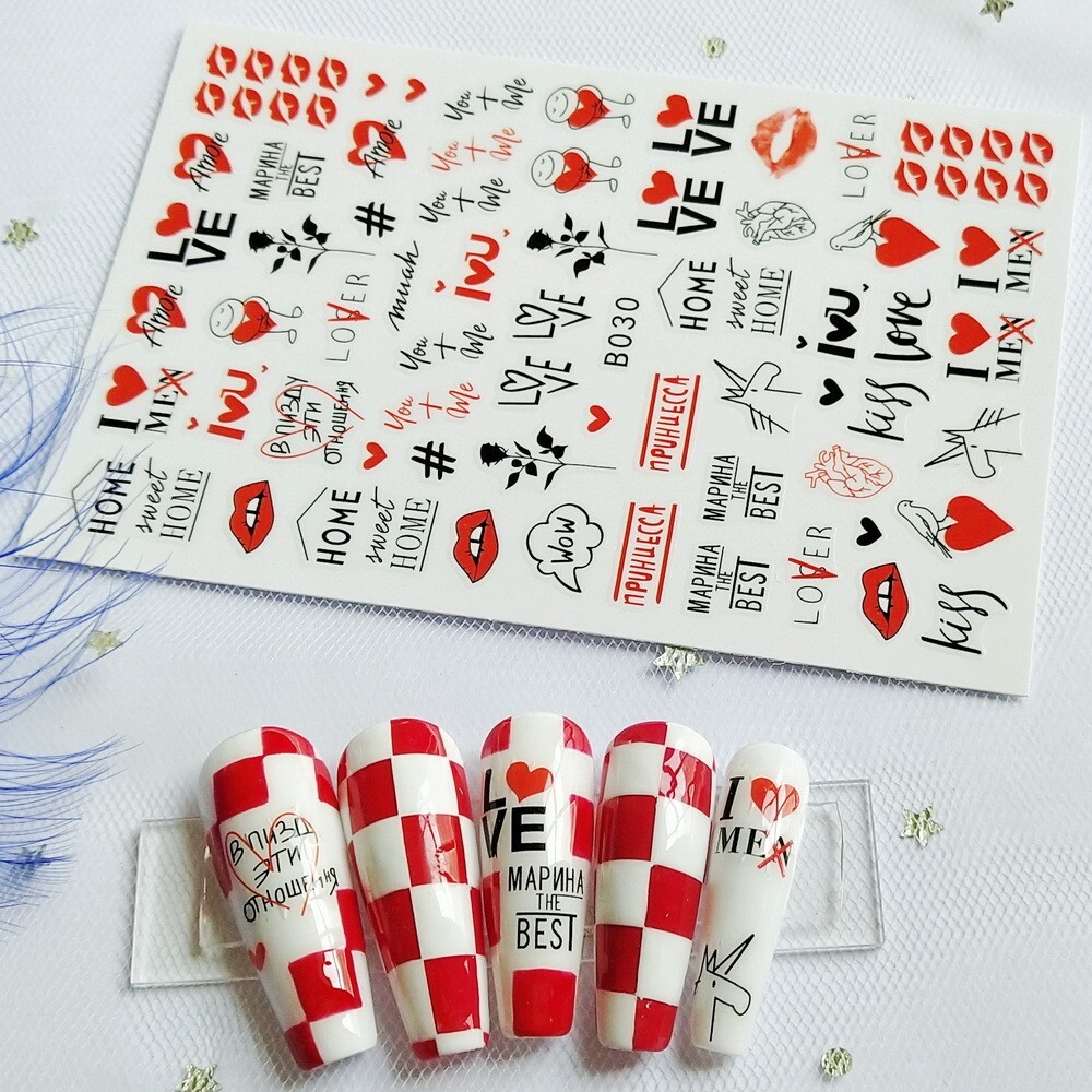 12 Sheets Valentines Nail Decoration Heart Love Self-Adhesive Slider Letters NH4