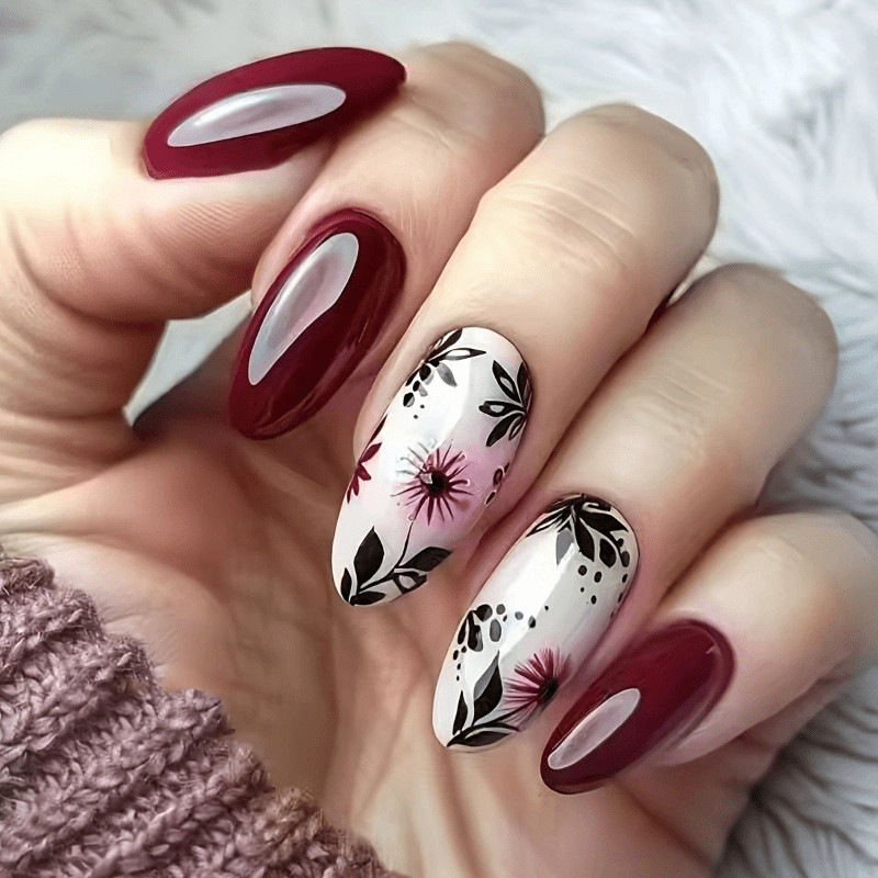 48Pcs Almond Burgundy Floral Hand Painted Press on Nails Vintage Party Wear