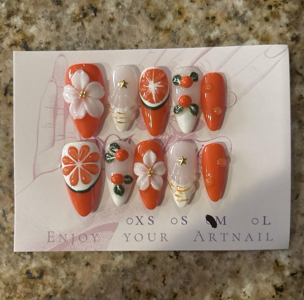 3D Press-On Nails Long Coffin Orange White Green Fruit Flower Full Cover Set
