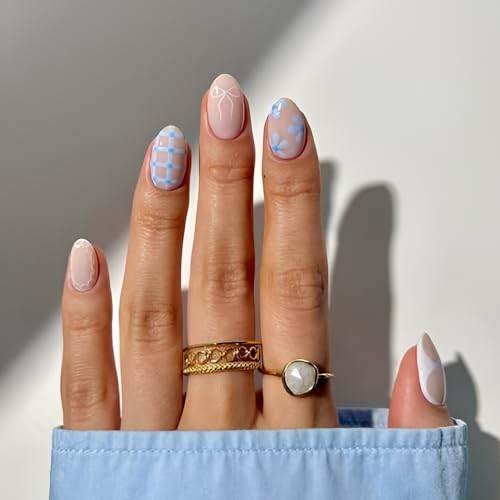 Short Almond Press On Nails Line Fake Nails Press Ons With Flower Bow design-4