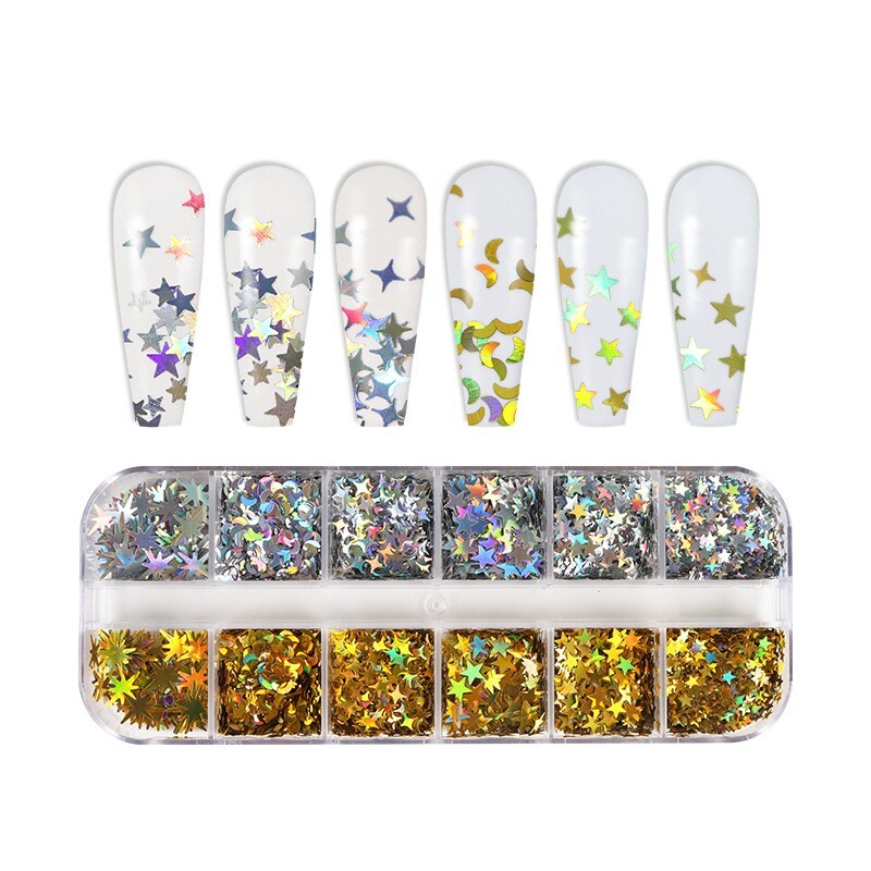 12 Grids Mix Nail Glitter Sequins Star Moon Shape Flakes Nail Art 3D Decoration