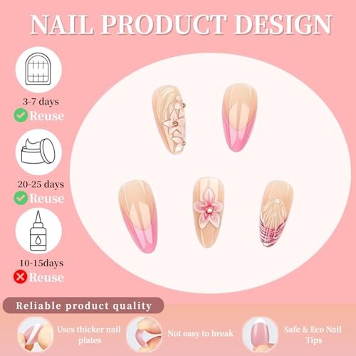 24Pcs Pink Flower Press on Nails Medium Almond Gradient Embossed Flower Style
