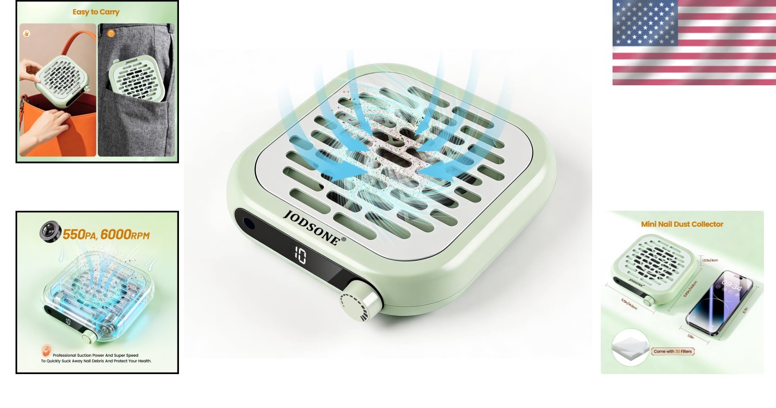 Portable Nail Dust Collector, 6000RPM Suction with 30 Filters – Green Edition
