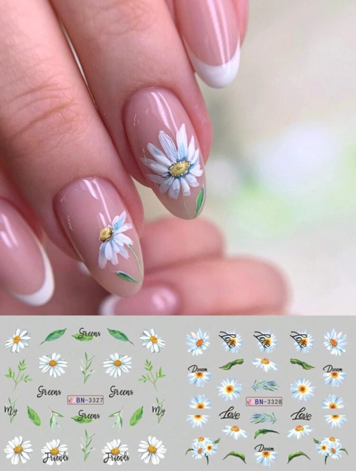 4 Sheets Daisy Nail Art Water Decals Spring Summer Flower Floral Daisies Fern