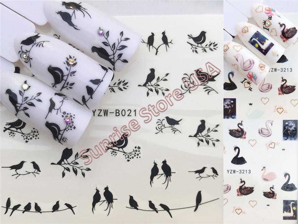 Nail Art Water Transfer Sticker Bird Swan Leaves Tree Branch Love Decal Manicure