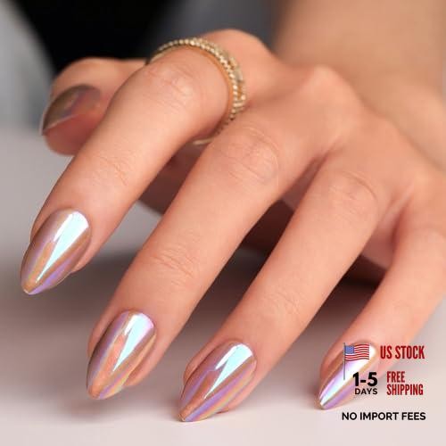 Colorful Short Almond Press on Nails – Glossy Chrome – Glossy Nails