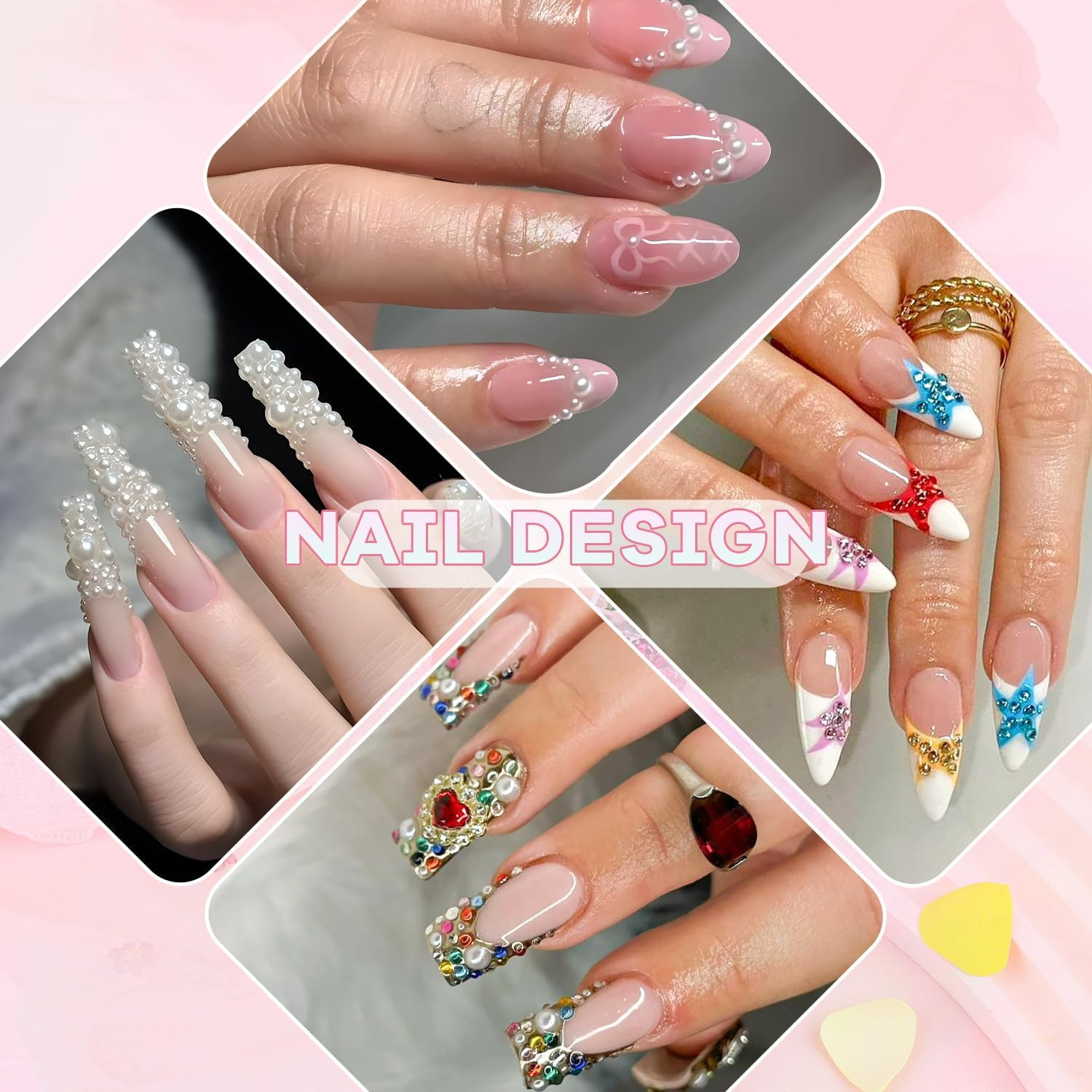 8000Pcs Nail Pearls and Colorful Rhinestones for Nail Art, White Pearl Nail Char