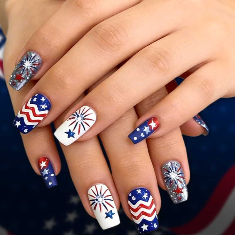 48pcs-Festive American Nails, Press on Square with Fireworks, Chevron & Stars