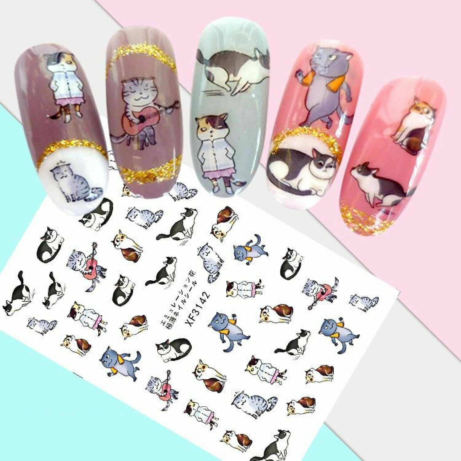 Nail Art 3D Decal Stickers 3D Self Adhesive Cute Musical Cats XF3142