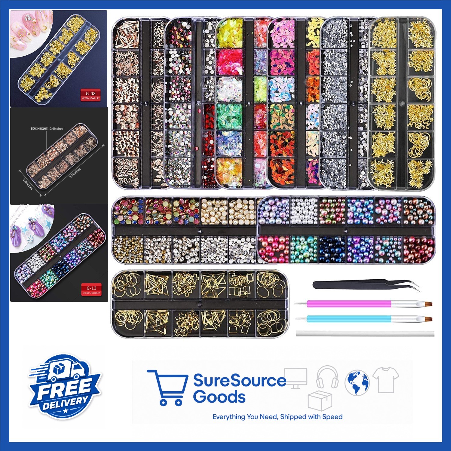 Nail Art Rhinestones Kit with 9 Boxes, Tweezers and 3 Nail Art Pens Included