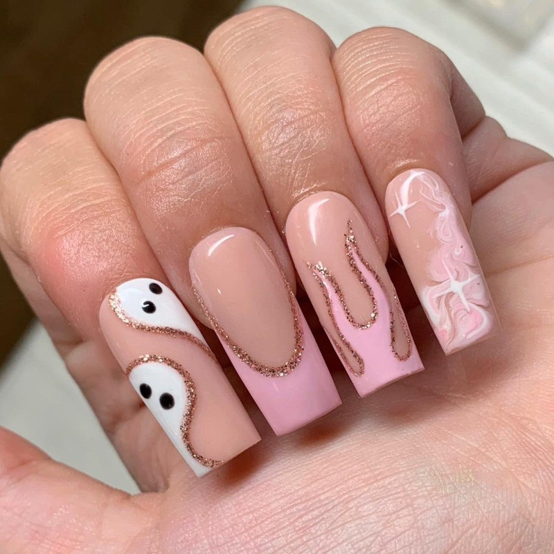 Pink Ghost Handmade Press on Nails Flame Swirl Glitter Sheer Gloss Fake Nails