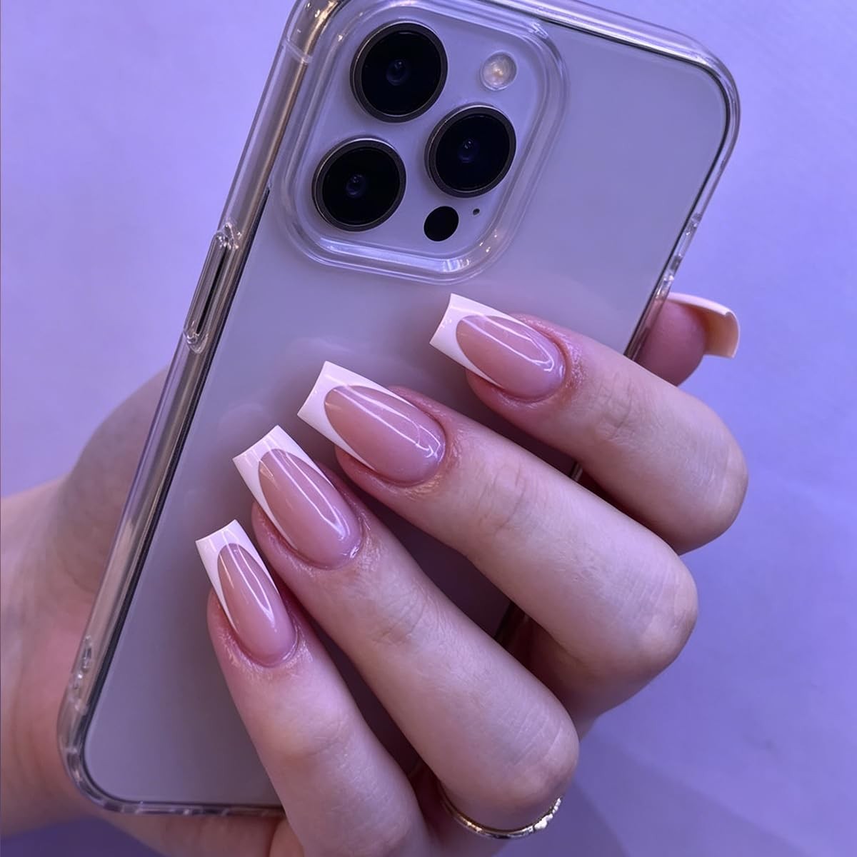 White French Tips Press on Nails Short Square Pink False Nails Summer Glossy …