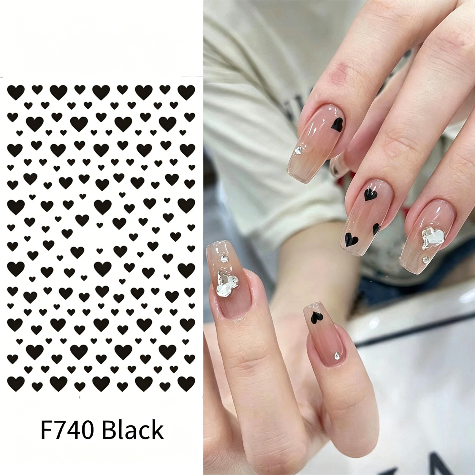 Internet Celebrity Heart Nail Stickers, Mini French Black White Red Multi-Size H