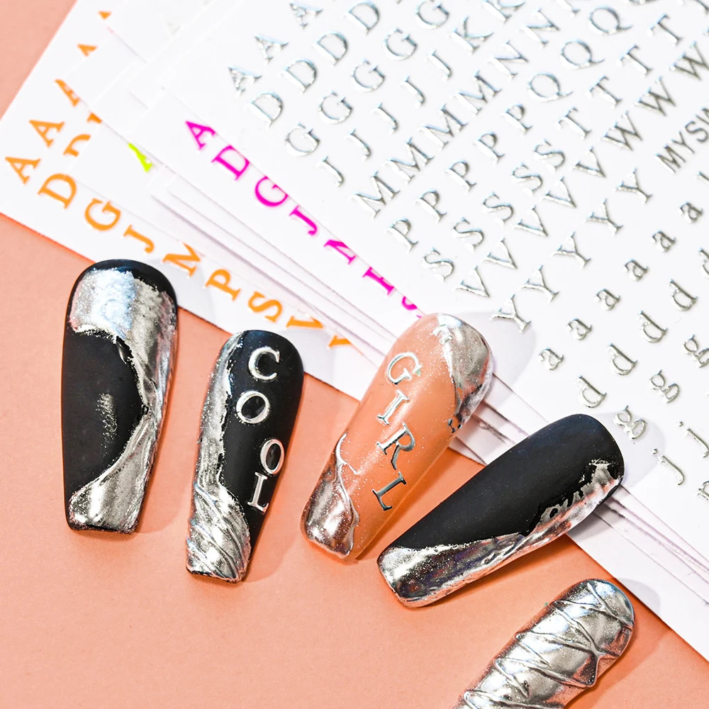 1Pc 3D Alphabet Nail Sticker Laser Silver/Gold 26 English Letters Nail Art Decal