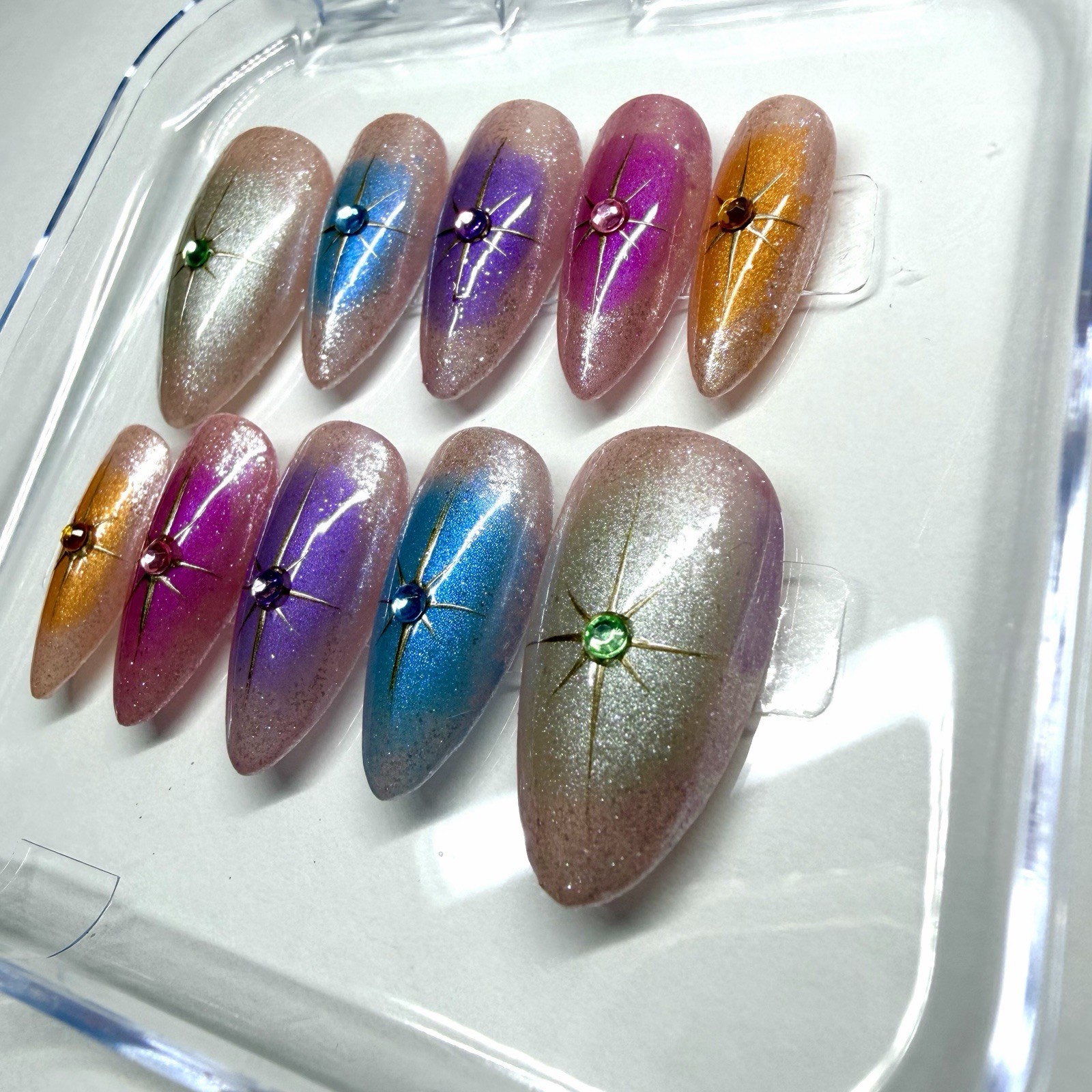 Handmade Multicolor Glitter Starburst Star Almond Medium Press-On Nails Set