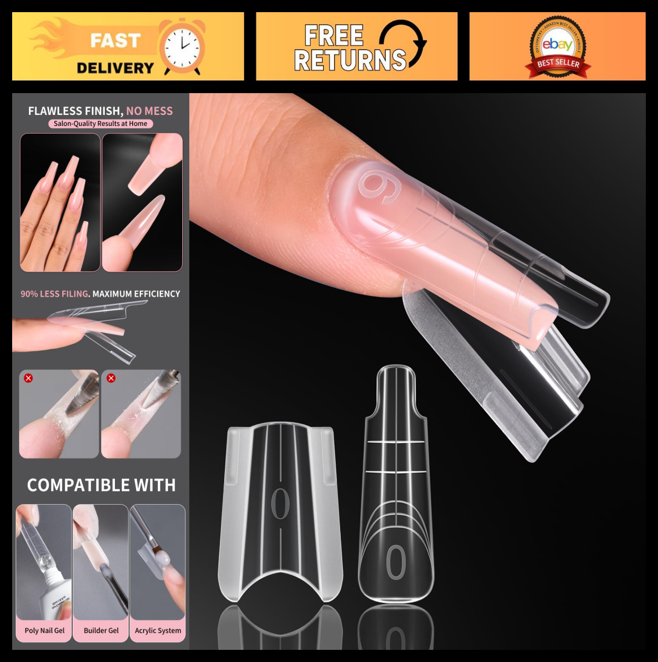 Dual Nail Forms for Builder & Poly Nail Gel Extensions, 280 PCS, Long Coffin Mol