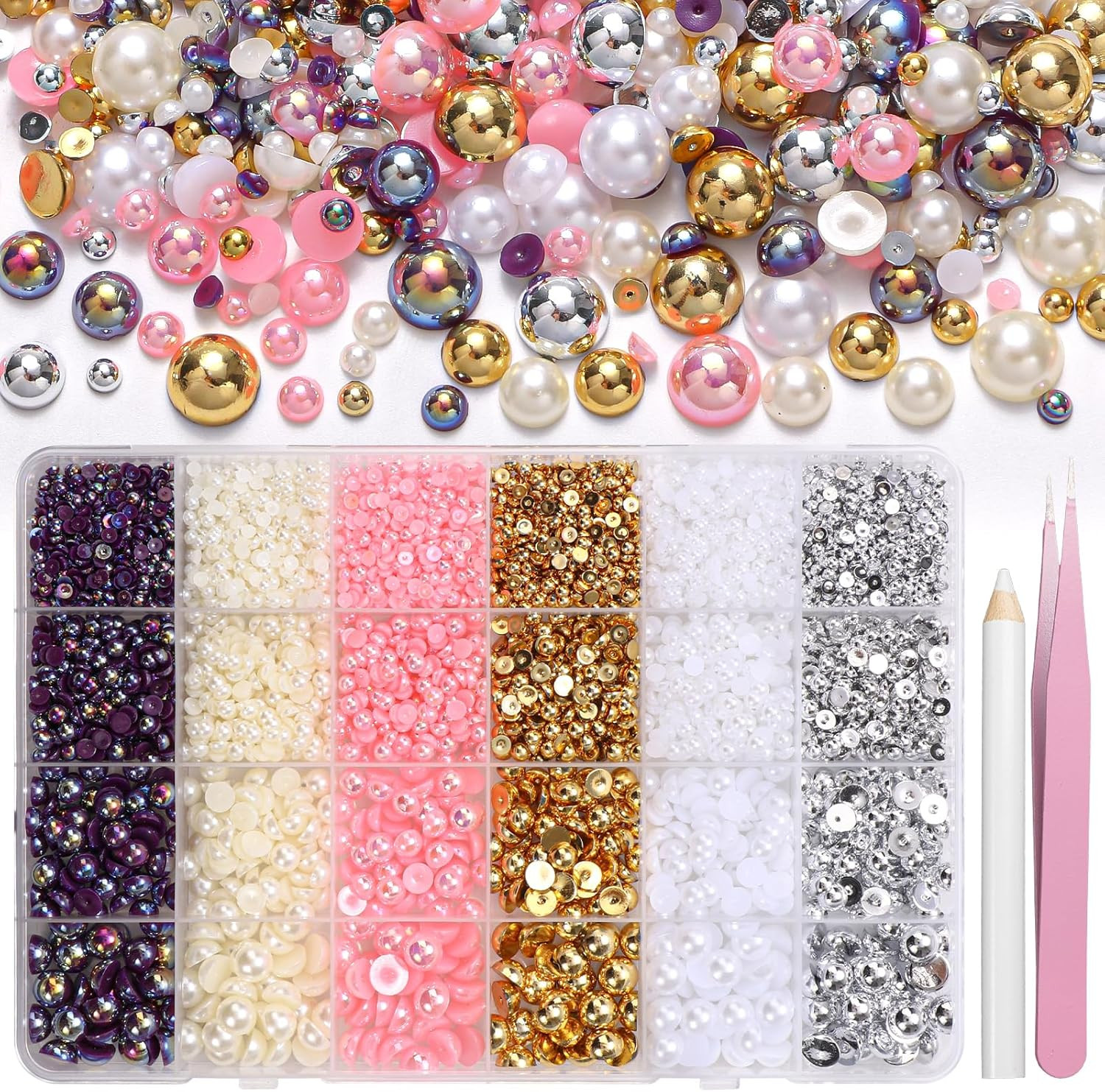 9000Pcs Flatback Pearls for Crafting, Silver Gold White Nail Half Pearls, 3-8Mm