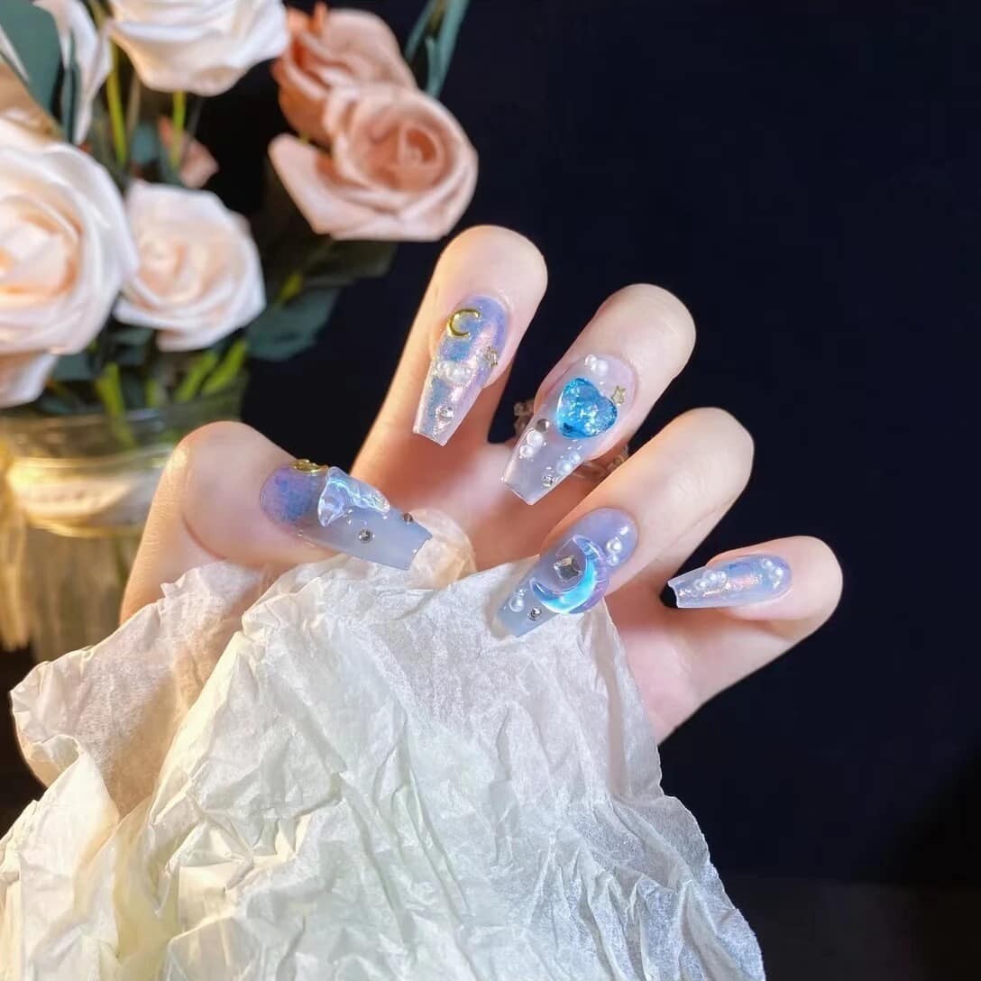 10 Piece 3D Reusable Handmade Press On Nails Set Blue Paradise